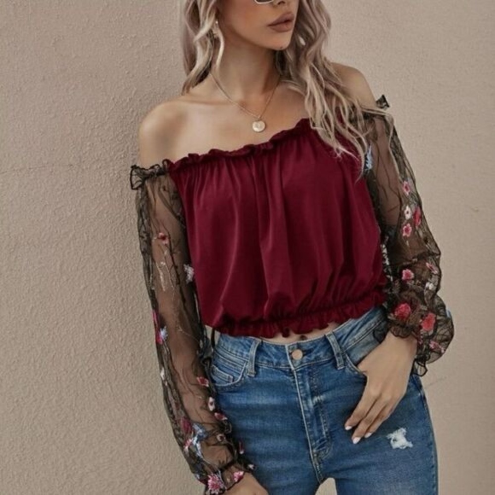 Floral Embroidered Red Women's Top